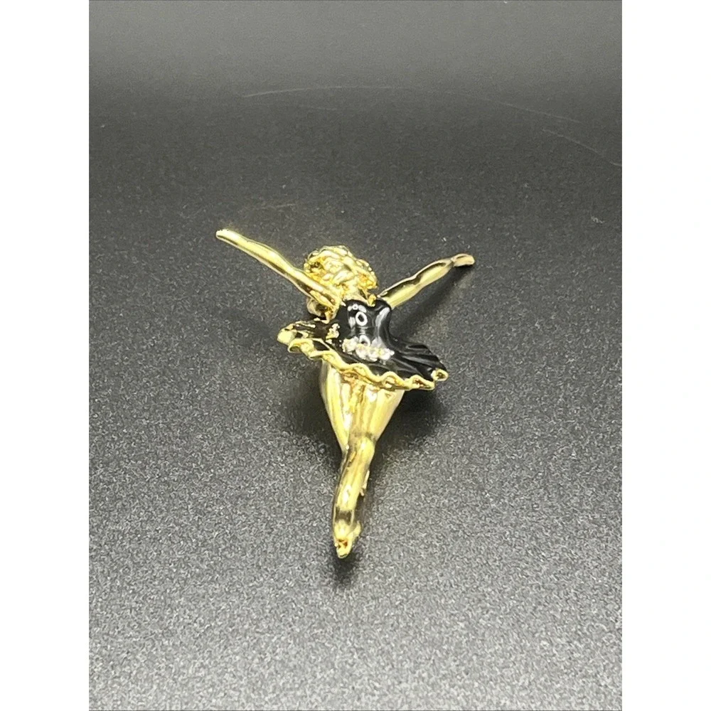 Ballerina Pin Brooch Gold-Tone &‎ Black w/ Rhinestone 2
